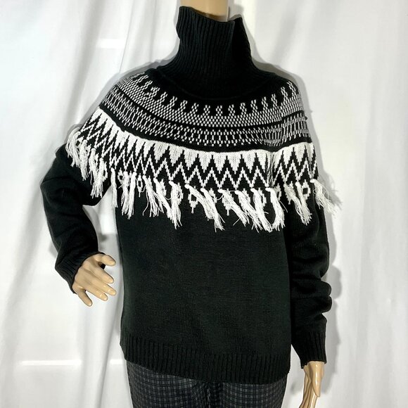 Cato Black & White Sweater Sz L with Fringe Tassels - Picture 2 of 12